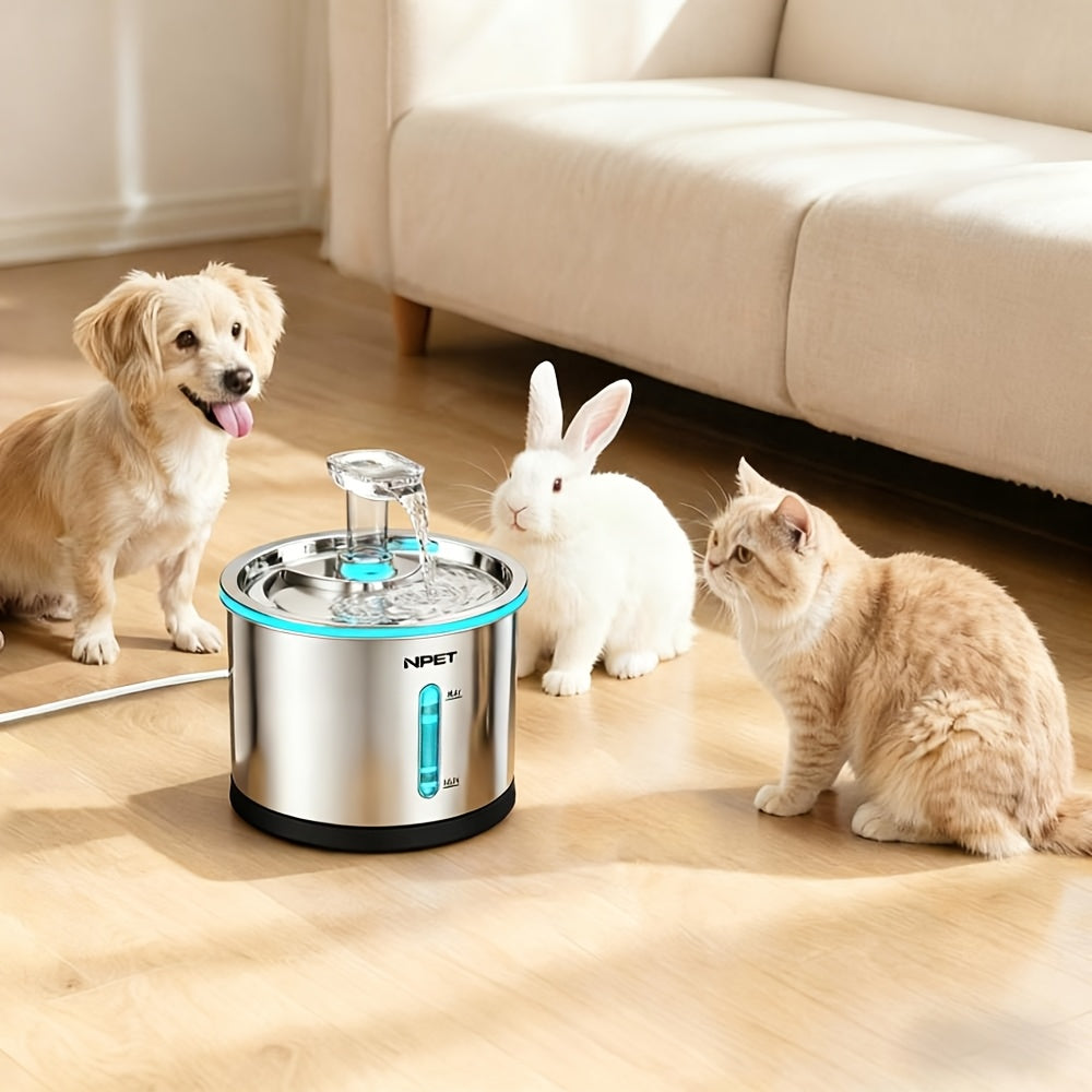 NPET WF210 Stainless Steel Cat Water Fountain 50oz – Ultra Quiet Automatic Pet Water Dispenser with LED Light, Visible Water Window & Dishwasher Safe 304 Steel, Optional Filter Bundles for Cats Dogs
