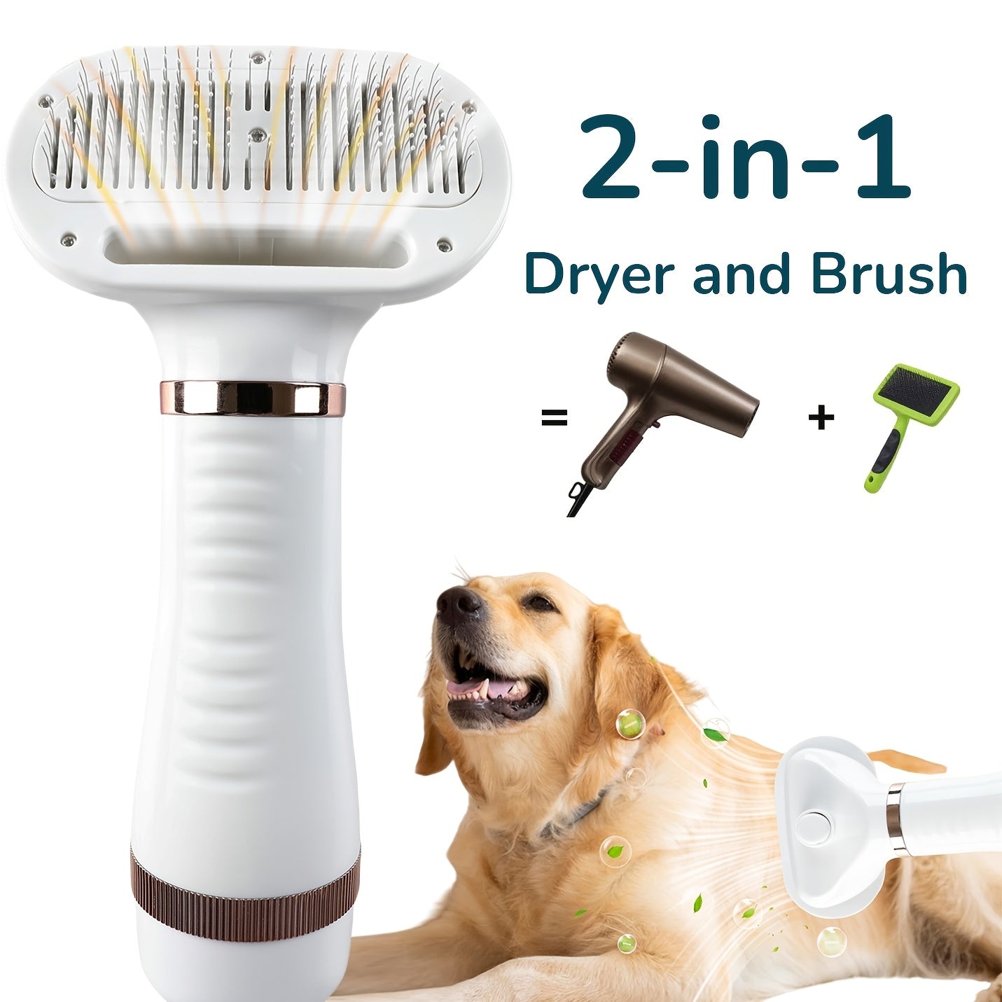 2-in-1 Pet Hair Dryer with Self-Cleaning Slicker Brush – Portable Dog & Cat Grooming Blow Dryer, 3 Temperature Settings, Low Noise, Stainless Steel Bristles, Home & Travel Grooming Tool