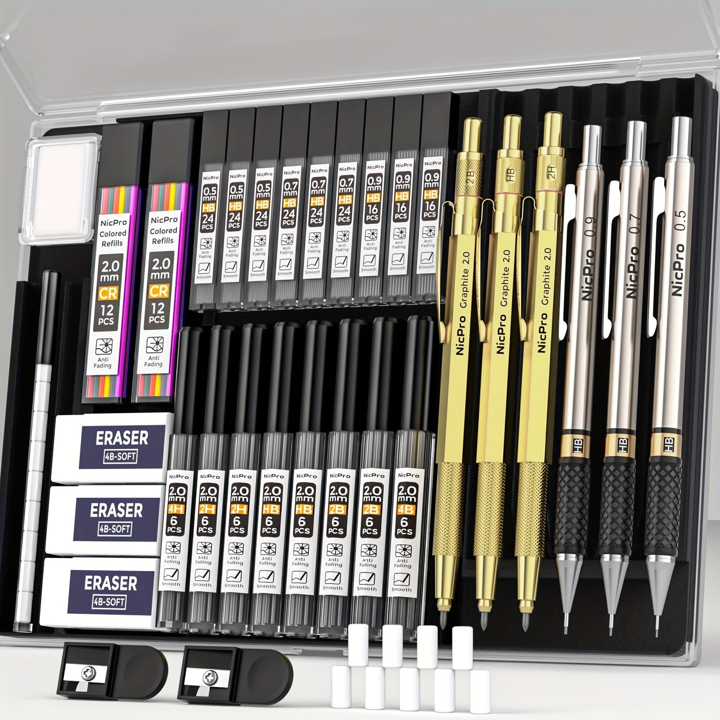 34-Piece Art Mechanical Pencil Set with Case 6 Metal Drafting Pencils 0.5mm 0.7mm 0.9mm 2mm Lead Tips 19 Refill Leads Erasers for Sketching Drawing Artists