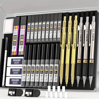34-Piece Art Mechanical Pencil Set with Case 6 Metal Drafting Pencils 0.5mm 0.7mm 0.9mm 2mm Lead Tips 19 Refill Leads Erasers for Sketching Drawing Artists