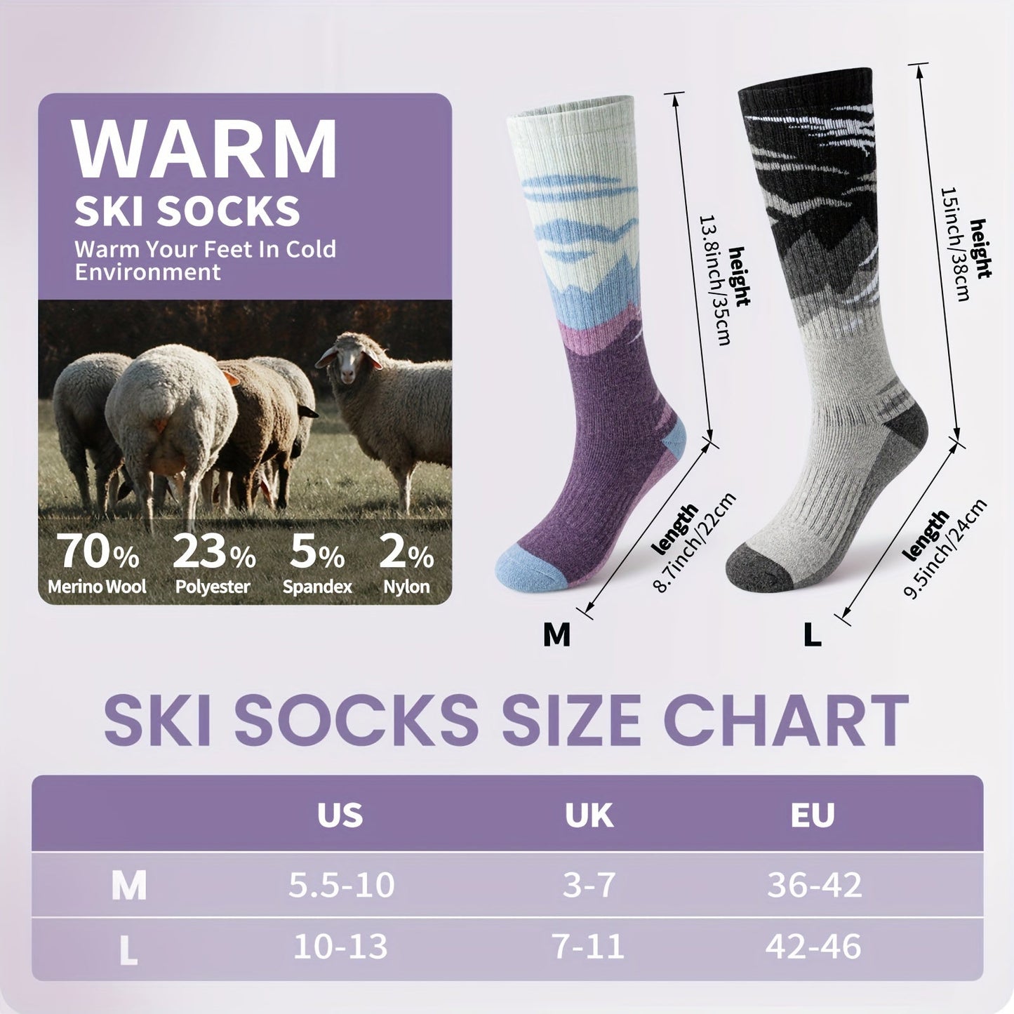 Wool Ski Socks 3 Pairs Thermal Knee High for Men & Women – Thick Warm Winter Socks for Skiing, Snowboarding & Outdoor Sports, 70% Wool, Sizes M & L, Multicolor / Dark / Snow Mountain