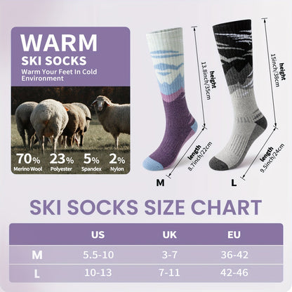 Wool Ski Socks 3 Pairs Thermal Knee High for Men & Women – Thick Warm Winter Socks for Skiing, Snowboarding & Outdoor Sports, 70% Wool, Sizes M & L, Multicolor / Dark / Snow Mountain