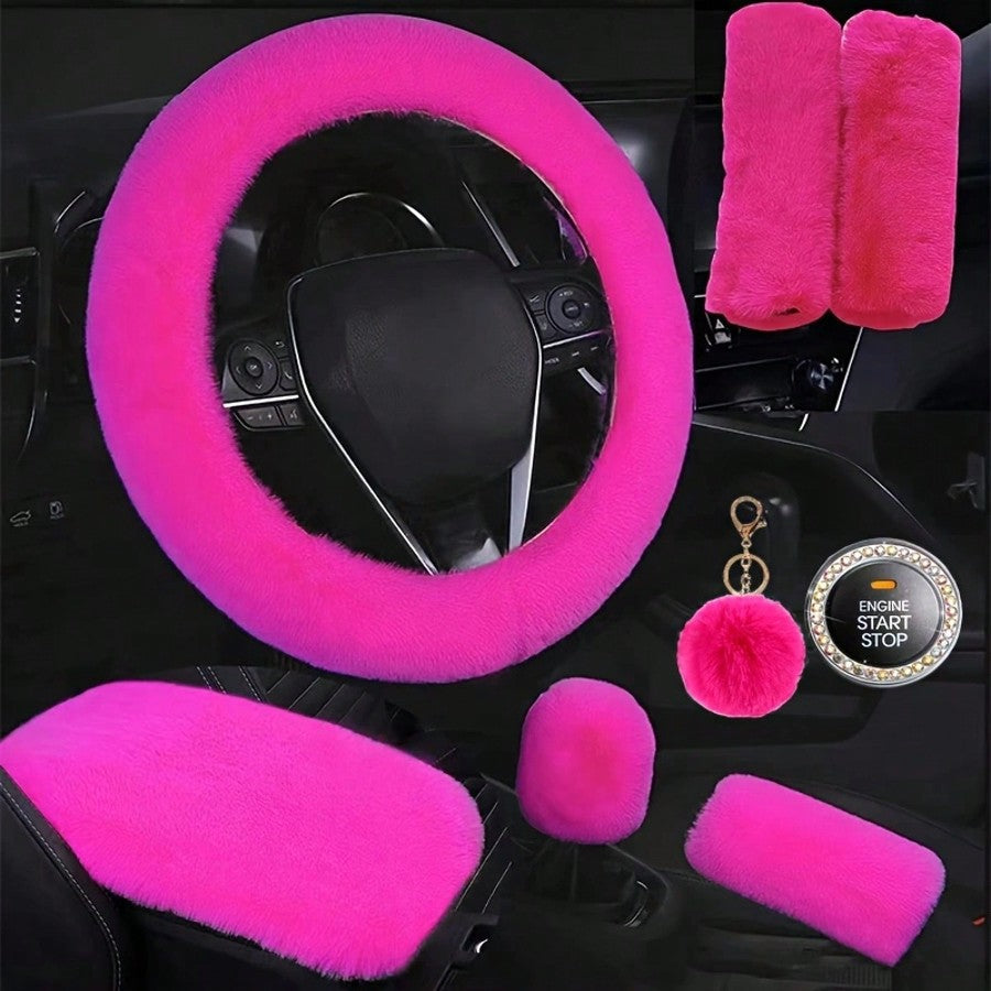 Fluffy Plush Car Steering Wheel Cover 8-Piece Interior Set - Rex Rabbit Fur Universal Fit 14.5-15 Inch, Cute Women's Car Accessories in 12 Colors for SUV Sedan Truck, Pink Purple Black & More