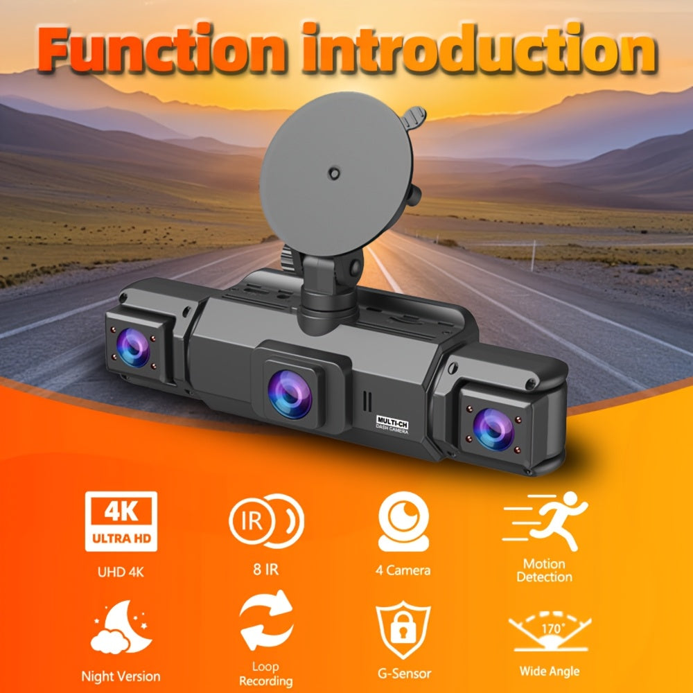 4K Dash Cam 360° Rotary 4-Channel Car DVR – Free 32GB SD Card, Night Vision, 24H Loop Recording, Parking Monitor, Front 4K + Rear Left Right 1080P, for Cars SUVs Trucks Rideshare