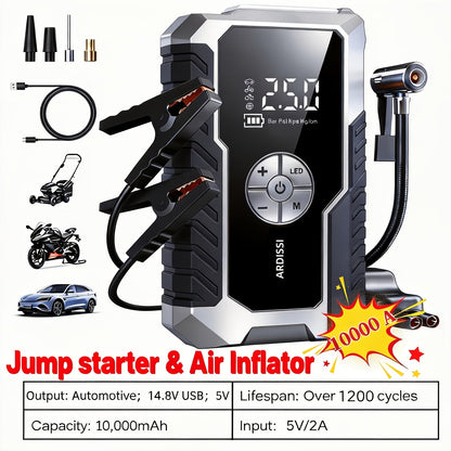 Portable Car Jump Starter 7-in-1 10000mAh 5000A Peak – 150PSI Digital Tire Inflator, LED Emergency Light & USB Charging for 12V Gas & Diesel Trucks SUVs Motorcycles – Holiday Gift for Men