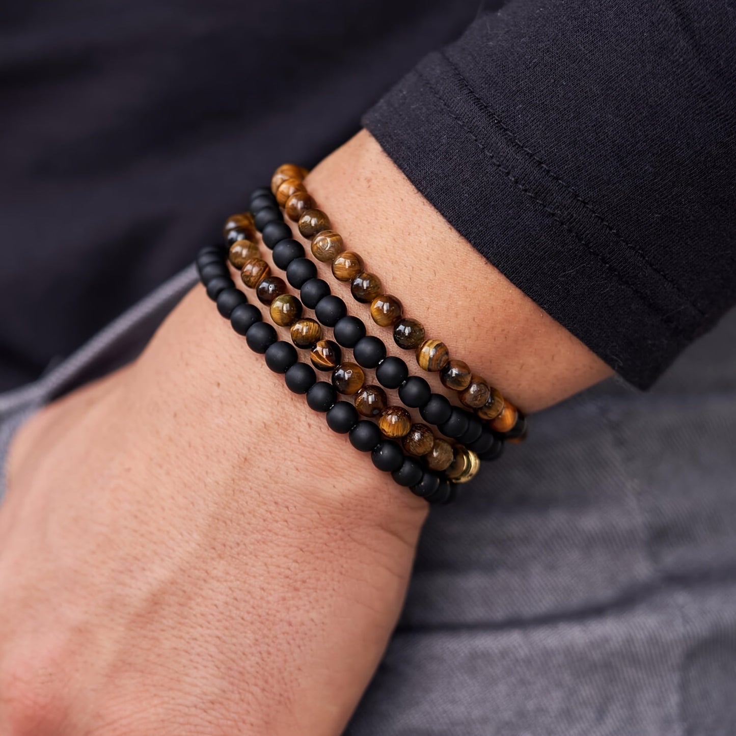 12 Piece Natural Stone Tiger Eye Bead Bracelet Set for Men and Women – 8mm Adjustable Boho Bracelet with Black Beads, Unisex Earthy Wrist Jewelry, Perfect Father’s Day Family Gift