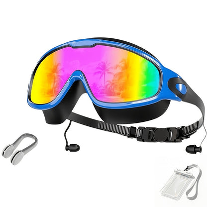 Anti-Fog Swim Goggles Wide View Mirrored UV Protection – No-Leak Swimming Goggles for Adults Men Women Youth with Earplugs, Nose Clip & Phone Pouch, Triathlon Pool Gear