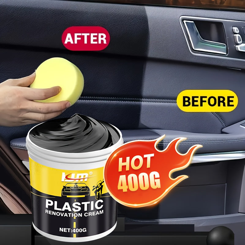 Car Plastic & Rubber Repair Cream All-in-One Trim Restorer Scratch Remover Tire Shine Wax, Anti-Cracking Anti-Aging Formula for Interior Exterior Car Detailing, Includes Sponge