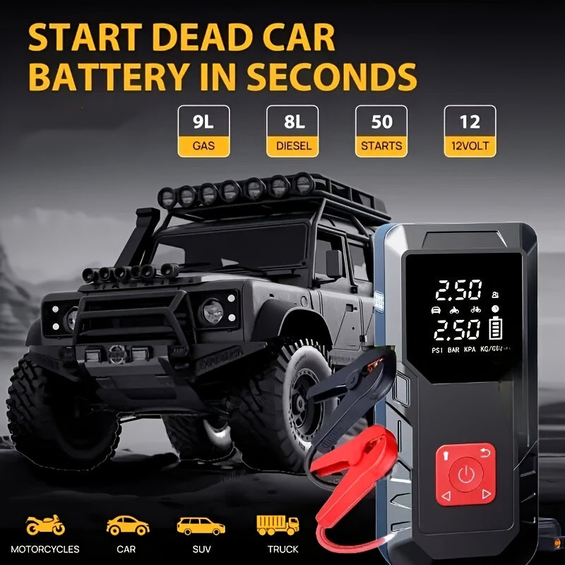 10000A Car Jump Starter with 350PSI Air Compressor, 9-in-1 Portable Battery Jump Starter Pack with LED Light, USB Type-C Fast Charging, Tire Inflator – 12V Car Emergency Kit & Gift