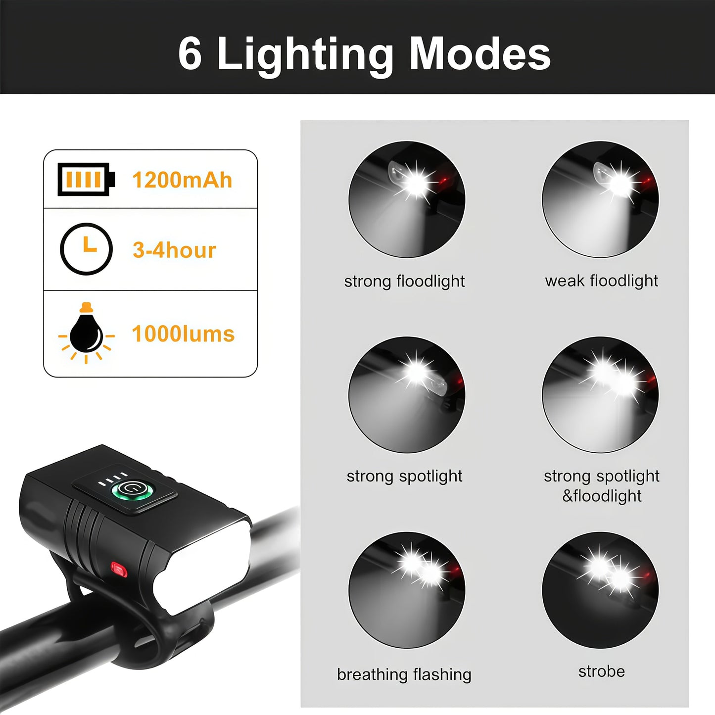Super Bright USB Rechargeable Bike Light Set – LED Front Headlight 1200mAh & Rear Taillight 330mAh, 6+4 Modes, 180° Wide Beam, Safety Bell Included, for Mountain Road & Night Cycling
