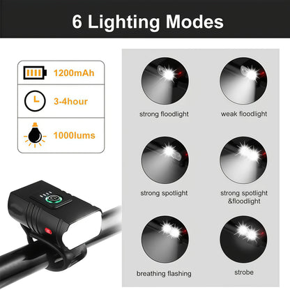 Super Bright USB Rechargeable Bike Light Set – LED Front Headlight 1200mAh & Rear Taillight 330mAh, 6+4 Modes, 180° Wide Beam, Safety Bell Included, for Mountain Road & Night Cycling