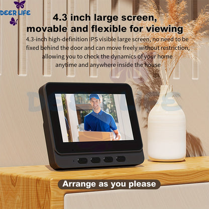 Wireless Video Doorbell Camera with Monitor, No Subscription HD Smart Doorbell with Night Vision, Two-Way Talk, 4.3-Inch Screen & 128GB Storage for Home Security