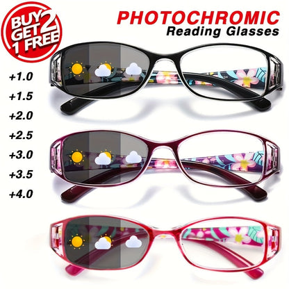 3-Pack Women's Photochromic Reading Glasses Floral Frame Anti Blue Light Lightweight Color Changing Lenses Indoor Outdoor +100 to +400