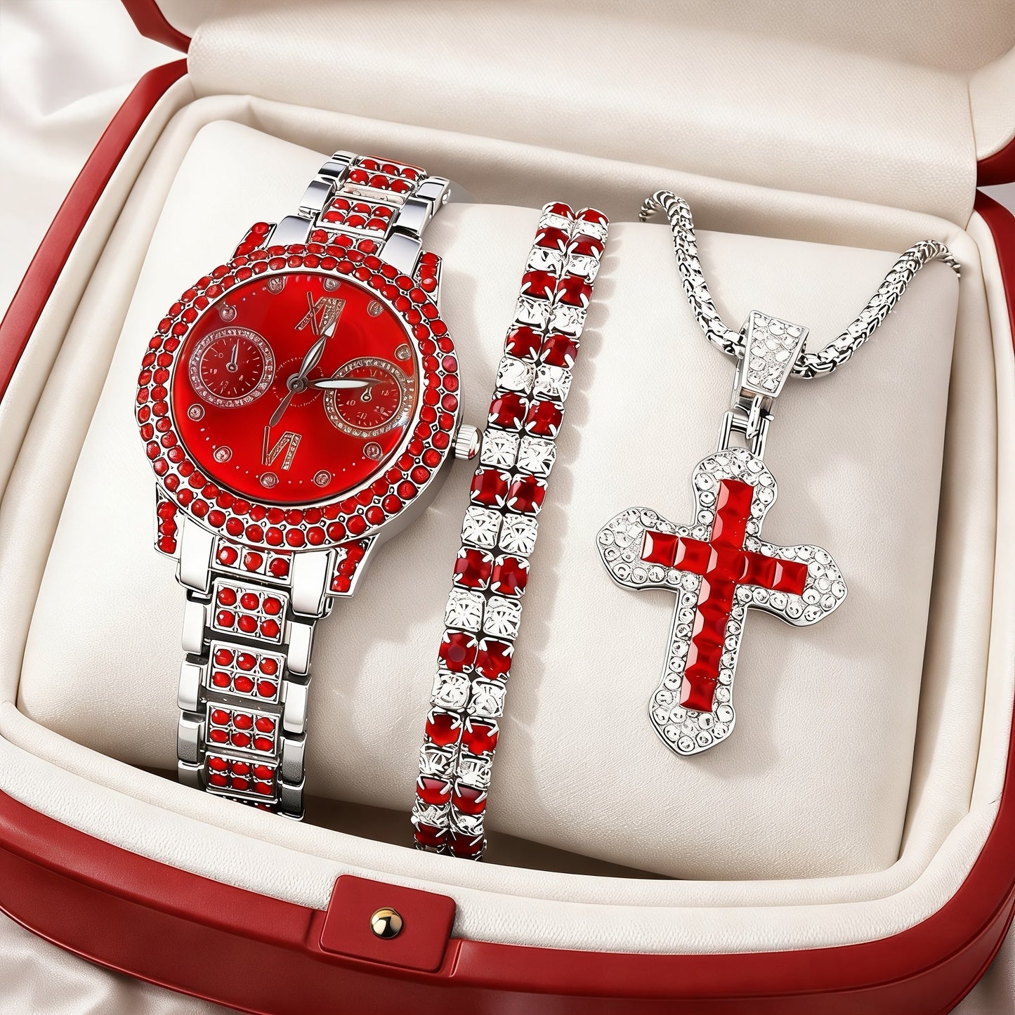 3pcs Women's Fashion Watch and Jewelry Set – Elegant Rhinestone Ring & Bracelet Watch Set, Stylish Gift for Women in Pink Red Silver, Perfect for Birthday Valentine's Day Anniversary