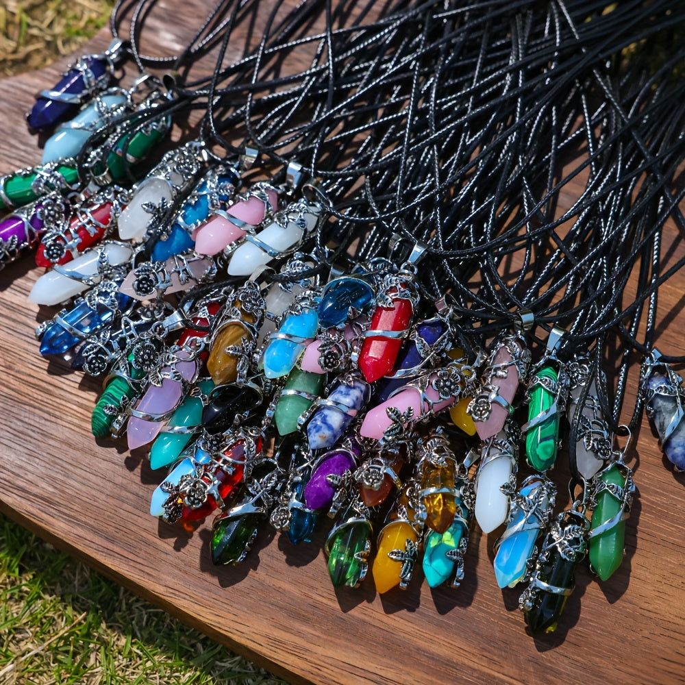 20pcs Natural Stone Hexagonal Column Pendant & Rope Necklace DIY Set – Boho Vintage Gemstone Pendants for Jewelry Craft Making, 10 Wrapped Flower Pendants + 10 Rope Necklaces, Perfect Gift