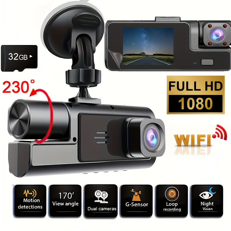 Dash Cam 2 & 3 Camera 1080P Front 720P Rear | Infrared Night Vision, 170° Wide Angle, WiFi, Loop Recording, G-Sensor, 32GB, 24H Parking Mode – Front and Rear Car Camera for All Vehicles