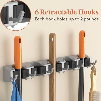 Wall-Mounted Mop and Broom Holder Organizer 5 Slots 6 Hooks Heavy-Duty Non-Slip Cleaning Tool Rack for Home Garage Kitchen Laundry Room Boat – Easy Install on Any Surface