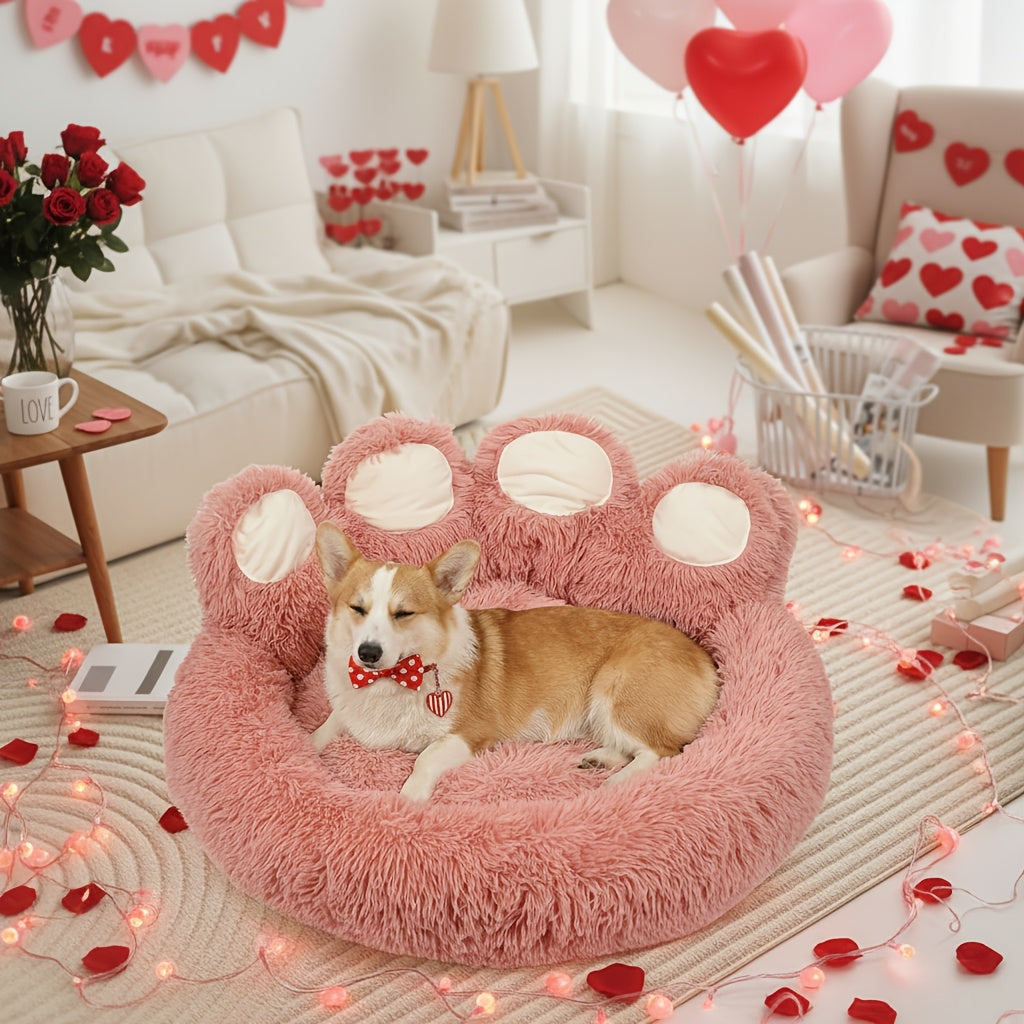 Bear Paw Shaped Donut Dog Bed & Cat Bed – Calming Warm Soft Plush Round Pet Mattress with Bonus Pet Scarf S M L XL 2XL Coffee Pink Grey Brown for Small Medium Large Dogs Cats