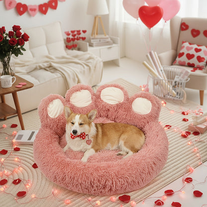 Bear Paw Shaped Donut Dog Bed & Cat Bed – Calming Warm Soft Plush Round Pet Mattress with Bonus Pet Scarf S M L XL 2XL Coffee Pink Grey Brown for Small Medium Large Dogs Cats