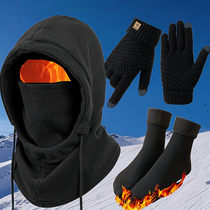 Winter Thermal Set 3/4pcs Windproof Face Mask Touchscreen Gloves Thick Fleece Socks Cold Weather Gear for Snowboarding Skiing Hiking Ice Fishing – Lightweight Warm Outdoor Accessories Bundle