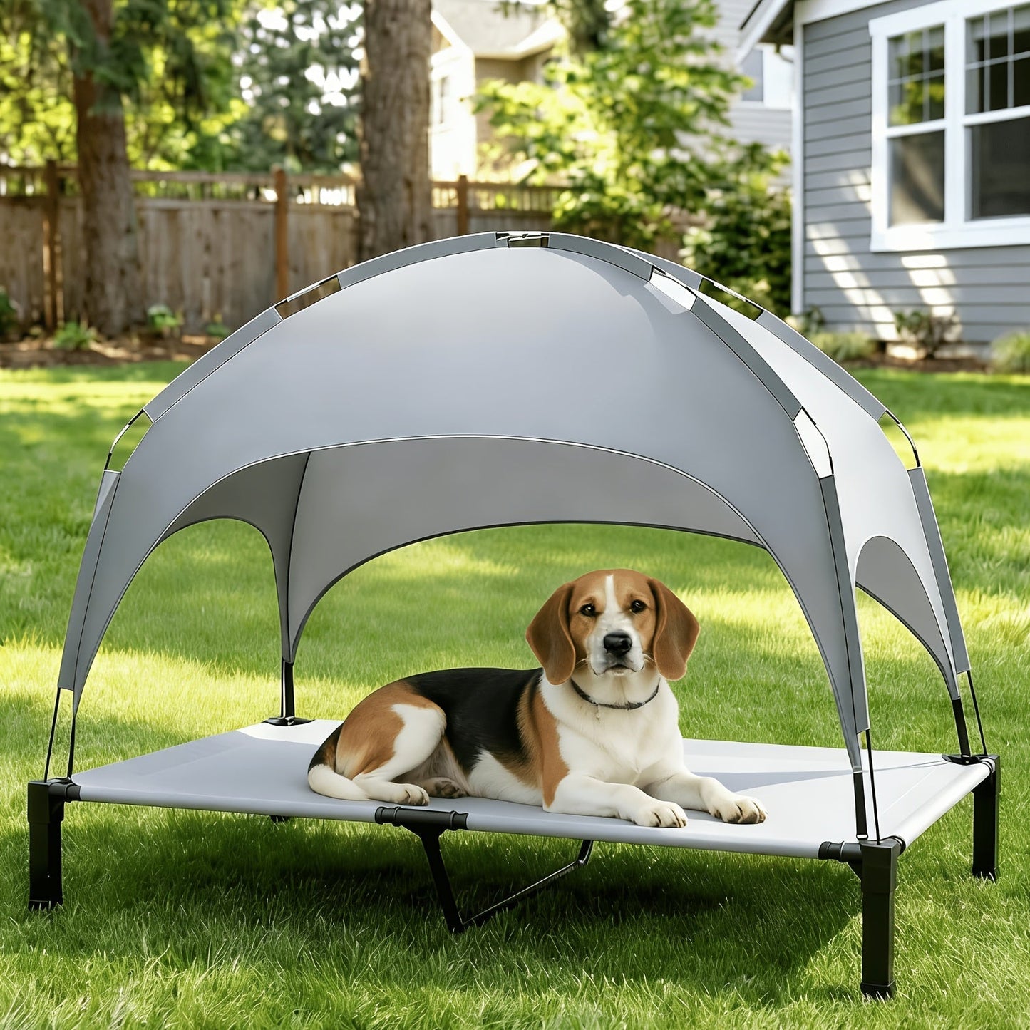 Elevated Dog Bed with Removable Canopy Shade Tent – Portable Raised Outdoor Cooling Pet Cot for Dogs & Cats, Breathable Mesh, Lightweight Foldable Design for Camping, Yard & Patio