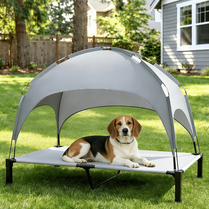Elevated Dog Bed with Removable Canopy Shade Tent – Portable Raised Outdoor Cooling Pet Cot for Dogs & Cats, Breathable Mesh, Lightweight Foldable Design for Camping, Yard & Patio