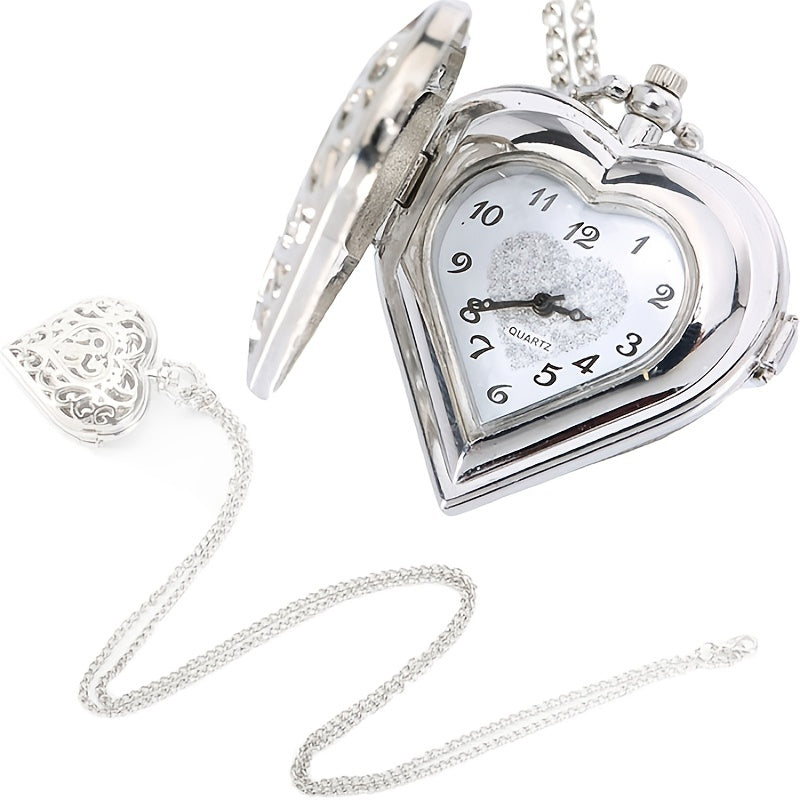 Retro Heart Shaped Pocket Watch Necklace for Women – Vintage Silver Hollow Quartz Pendant Sweater Chain Jewelry Gift for Ladies