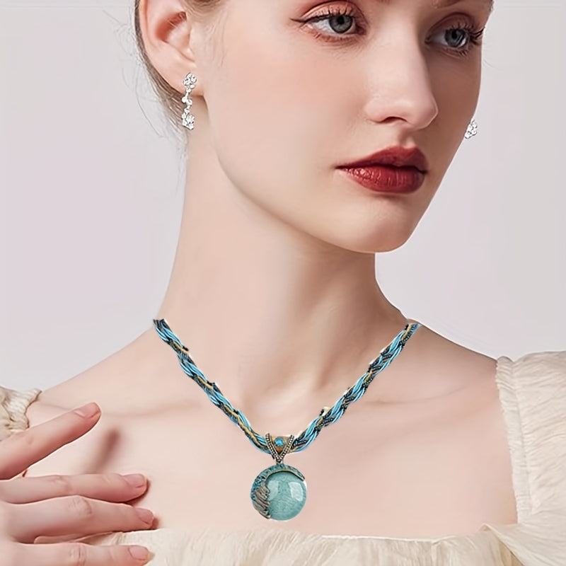 Boho Turquoise Rhinestone Pendant Collar Necklace for Women Vintage Twist Woven Rope Chain Adjustable Statement Jewelry