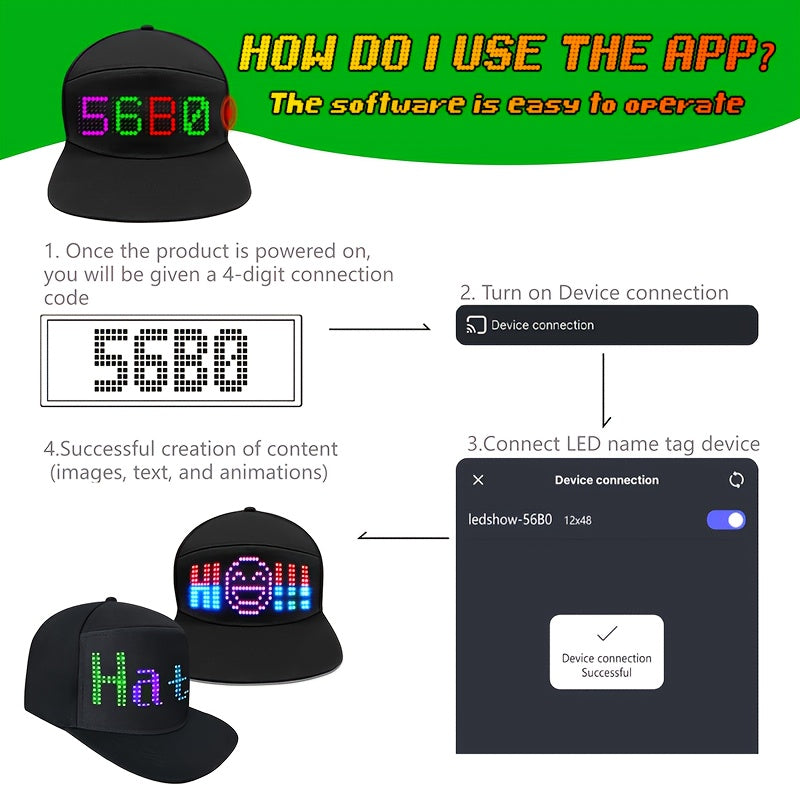 Programmable LED Hat APP Controlled Scrolling Text Animation Light Up Cap Unisex Adjustable Smart LED Baseball Cap for Party Wedding Valentine's Day Carnival Festival Men Women