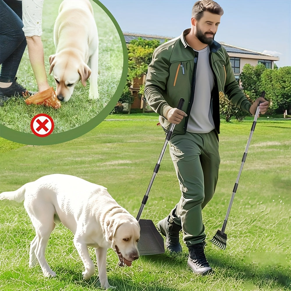 Heavy-Duty Dog Pooper Scooper with 48" Extended Handle – Stainless Steel Swivel Tray, Rake & Spade Set for Grass, Dirt & Gravel, No-Bend Pet Waste Removal for All Dog Sizes (2/3 Piece Set)