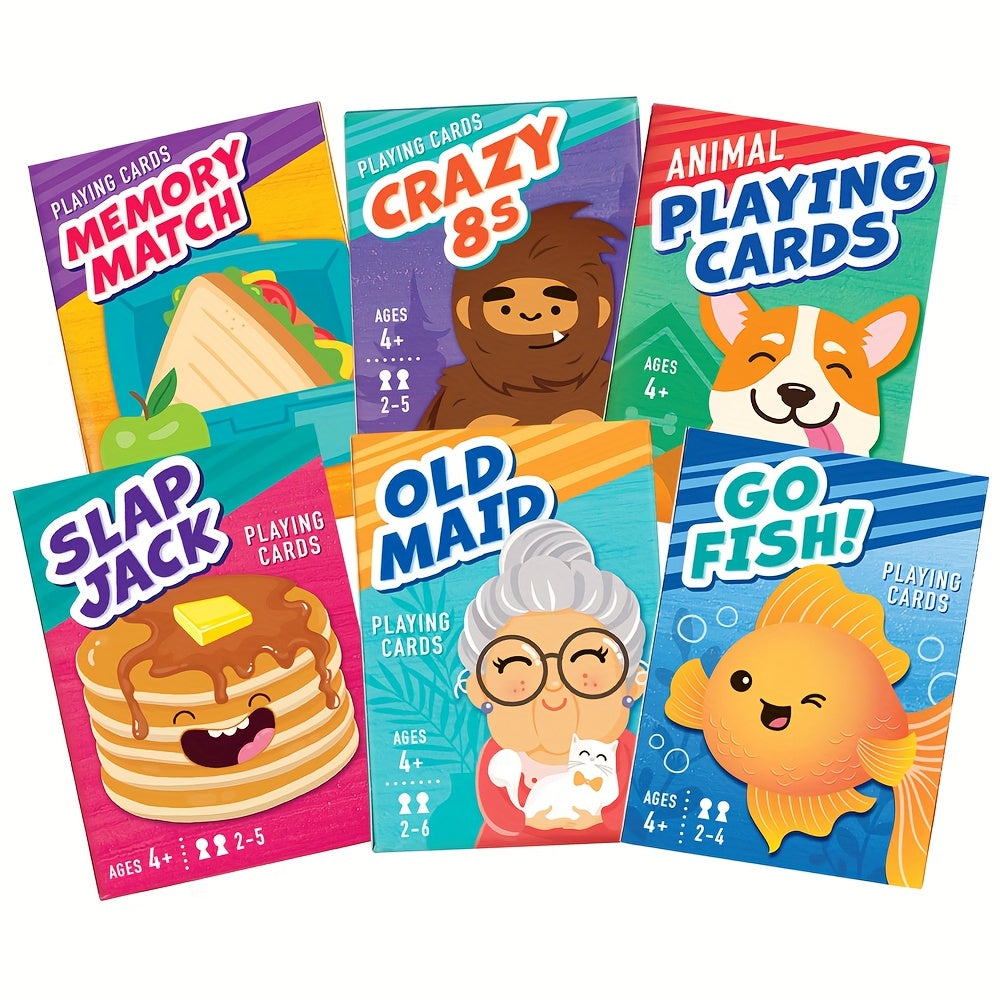 6-in-1 Kids Card Games Set with 6 Decks – Go Fish, Old Maid, Crazy Eights, Memory Match, Slap Jack & Animal Cards | Family Game Night for Ages 4+, Birthday & Christmas Gift, Stocking Stuffer