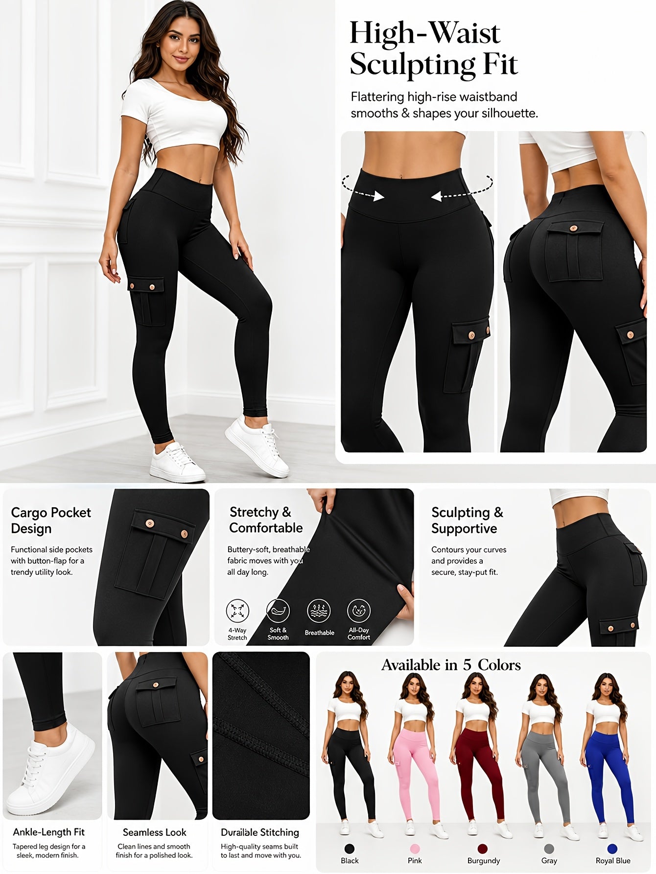 Women's High Waist Yoga Leggings 5 Pack with Pockets Tummy Control Slim Fit 4-Way Stretch Soft Breathable Workout Leggings for Gym Running Training Daily Wear Multipack Value Set