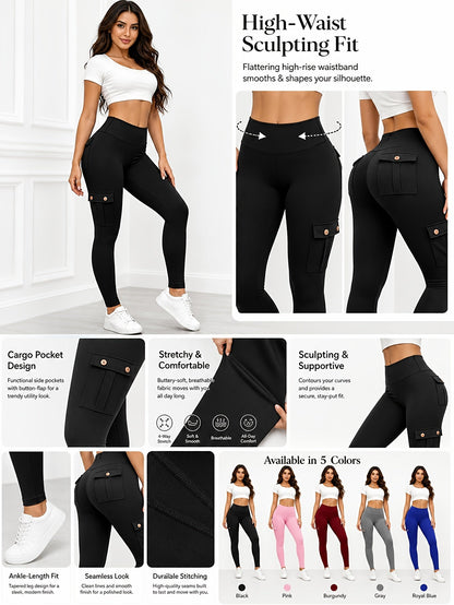 Women's High Waist Yoga Leggings 5 Pack with Pockets Tummy Control Slim Fit 4-Way Stretch Soft Breathable Workout Leggings for Gym Running Training Daily Wear Multipack Value Set