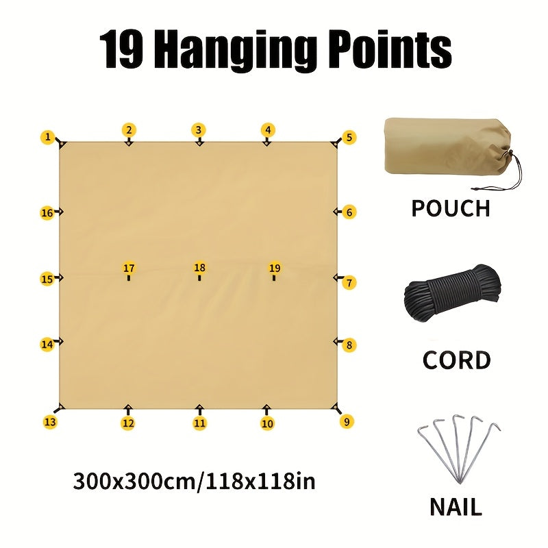 Waterproof Camping Tarp Shelter 19 Tethering Points Hammock Rain Fly Sunshade Lightweight Survival Tarpaulin for Hiking Backpacking Cycling DIY Outdoor Canopy Sun Protection Emergency Shelter