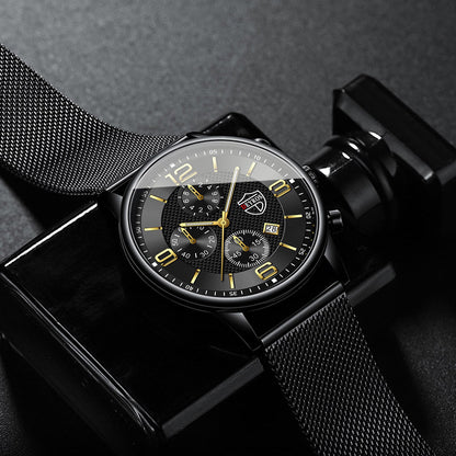 Men's Quartz Watch & Bracelet Jewelry Set 4pcs – Stainless Steel Date Display Casual Business Wristwatch with Bracelet & Necklace, Elegant Gift Set for Men
