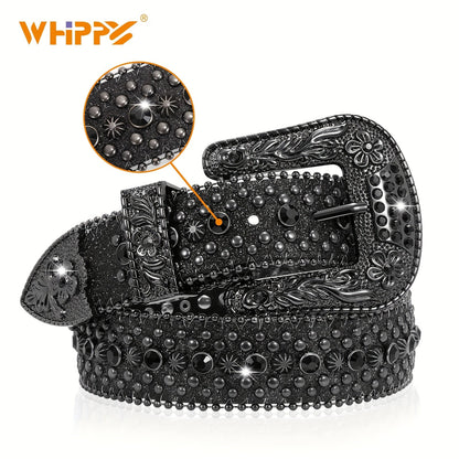 Rhinestone Belt Unisex Western Cowgirl Bling Belt – Sparkling Faux Leather Adjustable Waist Belt with Alloy Buckle for Women Men Sizes S-XL Party Festival Halloween Christmas Gift