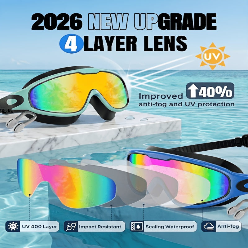 Anti-Fog Swim Goggles Wide View Mirrored UV Protection – No-Leak Swimming Goggles for Adults Men Women Youth with Earplugs, Nose Clip & Phone Pouch, Triathlon Pool Gear