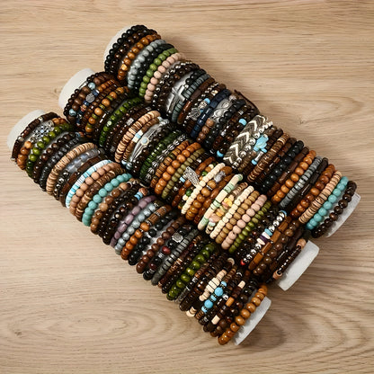 Boho Wood Beaded Bracelet Set – Stackable Elastic Bracelets with Turtle, Cross, Leaf & Feather Charms, Mixed Colors, Choose 12, 24, 47 or 87 Pcs – Perfect for Daily Wear & Gifting