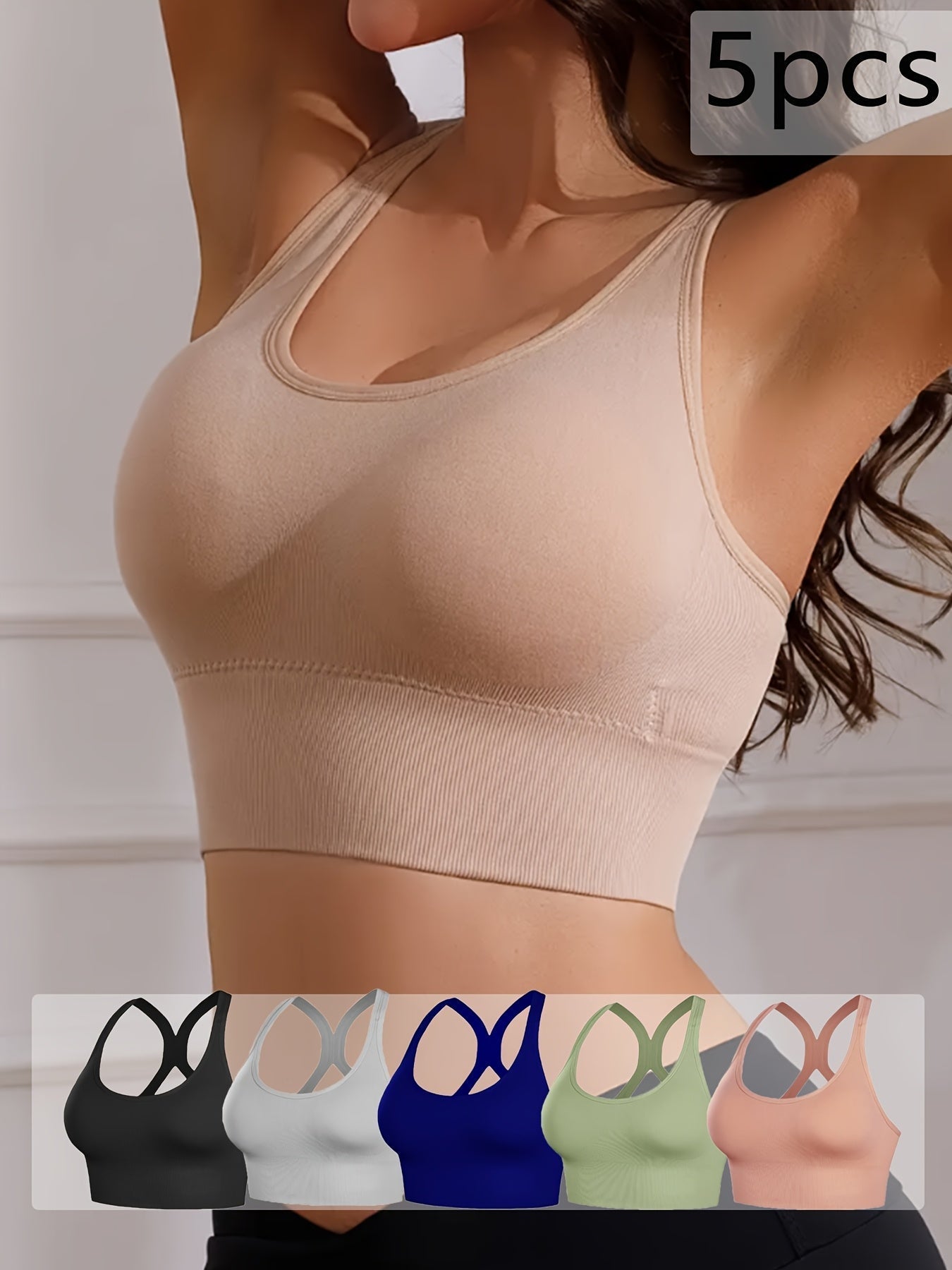 Women's X-Back Sports Bra 5-Pack – Wire-Free with Removable Pads, Breathable Workout Top for Yoga, Gym & Outdoor Activities, Adjustable Straps, Sizes M-XXL, 10 Colors Available