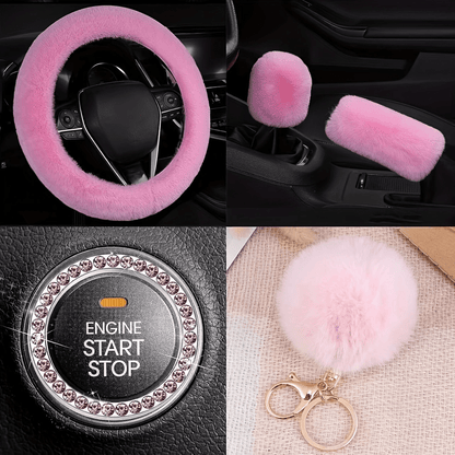 Fluffy Plush Car Steering Wheel Cover 8-Piece Interior Set - Rex Rabbit Fur Universal Fit 14.5-15 Inch, Cute Women's Car Accessories in 12 Colors for SUV Sedan Truck, Pink Purple Black & More