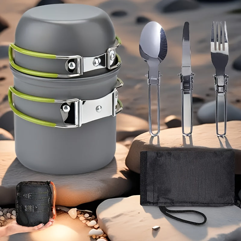 304 Stainless Steel Camping Cookware Set with Foldable Storage – Durable Compact Pot with Knives & Forks Utensils for Outdoor Backpacking Hiking Picnics & Camping, Green & Orange, Lightweight Camp Kitchen Kit