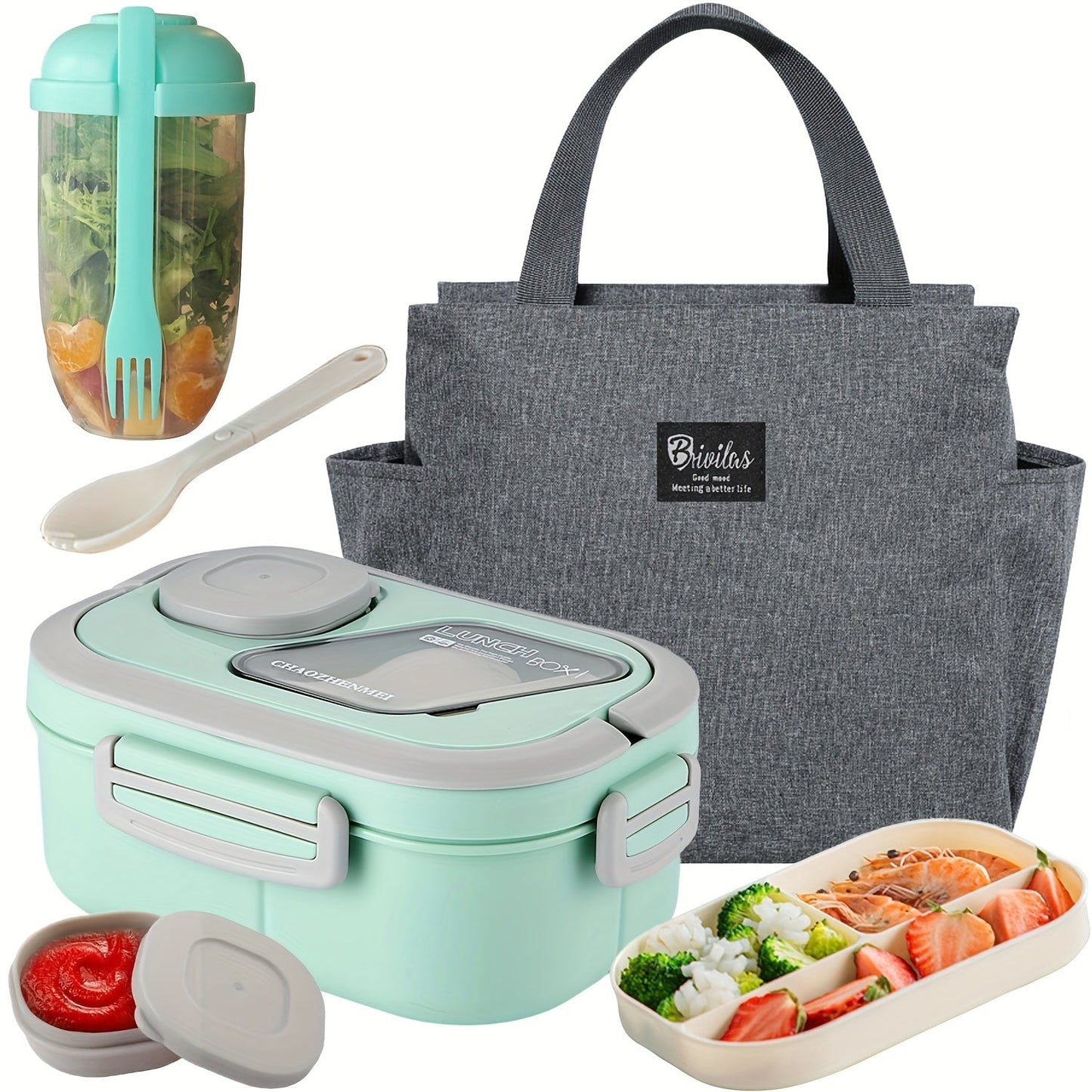 2-Layer Bento Lunch Box Set with Cup & Insulated Lunch Bag – Multi-Grid Leakproof Food Container for School, Office & Picnic, Choose Salad, Coffee, Milk or Soup Cup, Pink Green Blue White