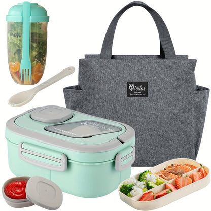 2-Layer Bento Lunch Box Set with Cup & Insulated Lunch Bag – Multi-Grid Leakproof Food Container for School, Office & Picnic, Choose Salad, Coffee, Milk or Soup Cup, Pink Green Blue White