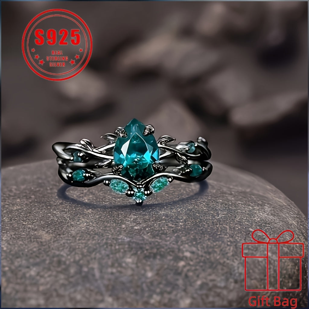 925 Sterling Silver Gothic Black Ring with Synthetic Jadeite Grape Pear Design for Women – Elegant Birthstone Holiday Ring with Gift Bag, Sizes 6-10, Unique Christmas Party Jewelry Gift