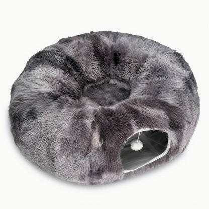 Cat Tunnel with Bed & Donut Peep Hole – Soft Plush Indoor Cat Toy, Multi-functional Hideout & Amusement Park for Cats, Kittens & Rabbits, Includes Pet Scarf, Small Medium Large
