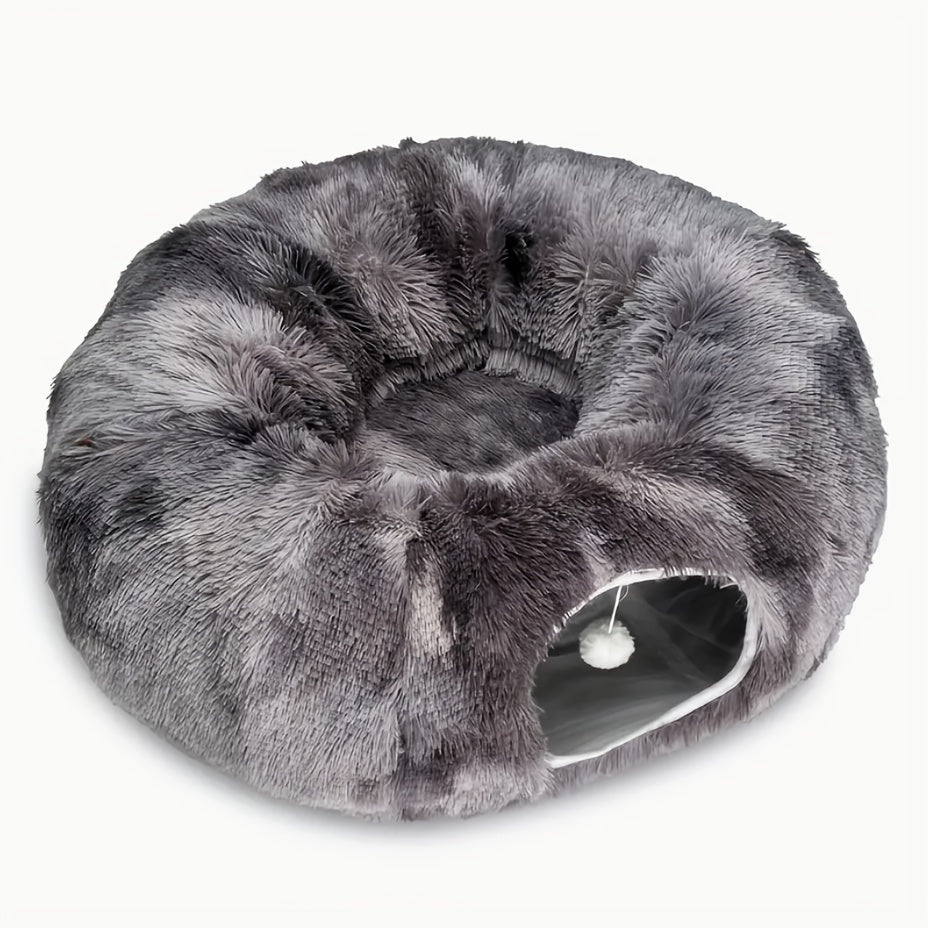 Cat Tunnel with Bed & Donut Peep Hole – Soft Plush Indoor Cat Toy, Multi-functional Hideout & Amusement Park for Cats, Kittens & Rabbits, Includes Pet Scarf, Small Medium Large
