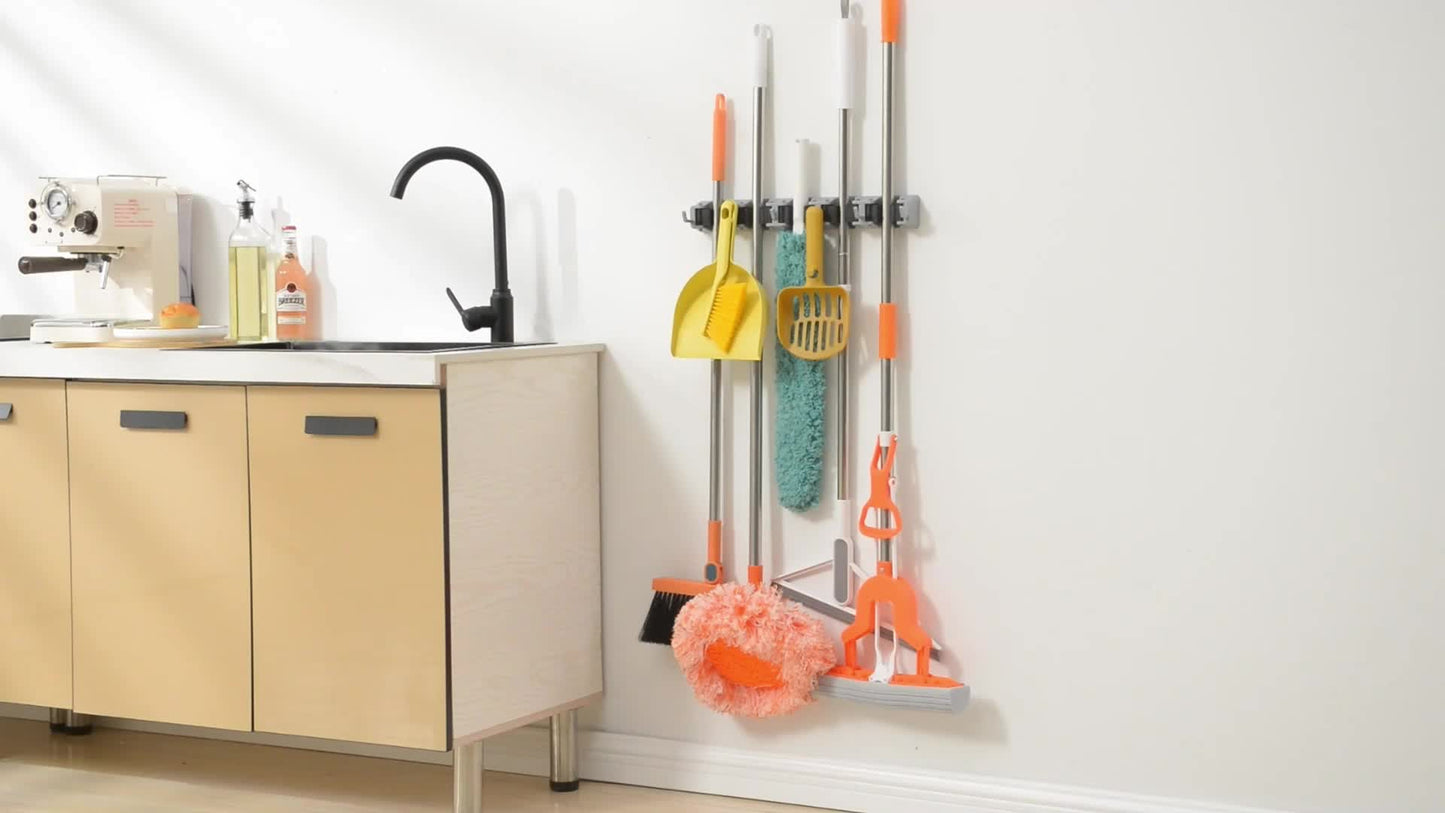 Wall-Mounted Mop and Broom Holder Organizer 5 Slots 6 Hooks Heavy-Duty Non-Slip Cleaning Tool Rack for Home Garage Kitchen Laundry Room Boat – Easy Install on Any Surface