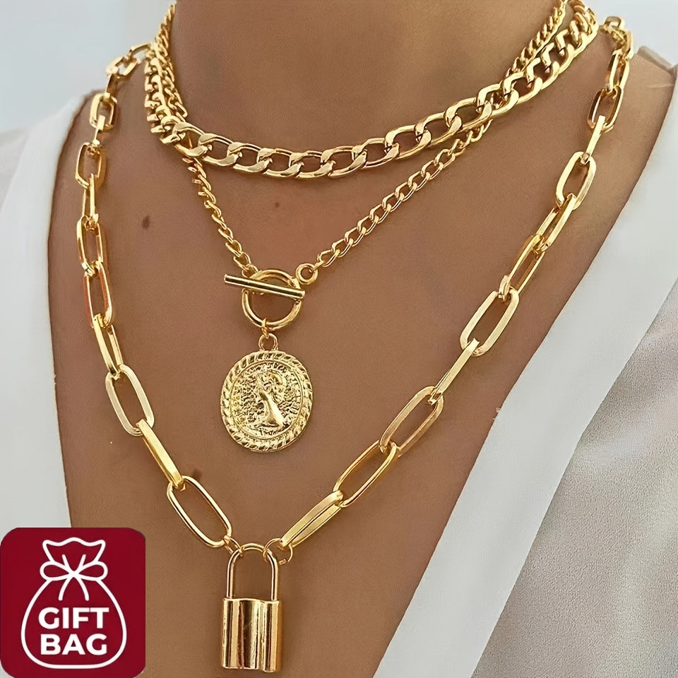 Gold Plated Layered Necklace Set 3 Pieces for Women – Vintage Embossed Round Pendant & Lock Charm Stackable Necklaces, Elegant Fashion Jewelry Gift Set with Gift Bag for Birthday Anniversary Valentine