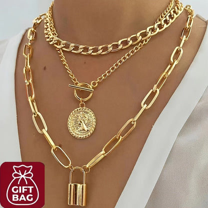 Gold Plated Layered Necklace Set 3 Pieces for Women – Vintage Embossed Round Pendant & Lock Charm Stackable Necklaces, Elegant Fashion Jewelry Gift Set with Gift Bag for Birthday Anniversary Valentine