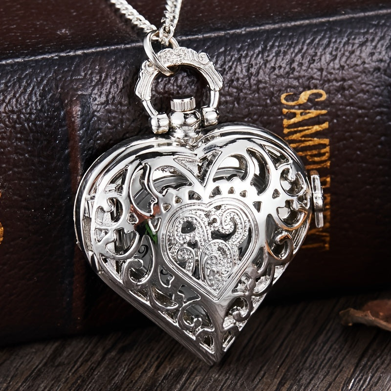 Retro Heart Shaped Pocket Watch Necklace for Women – Vintage Silver Hollow Quartz Pendant Sweater Chain Jewelry Gift for Ladies